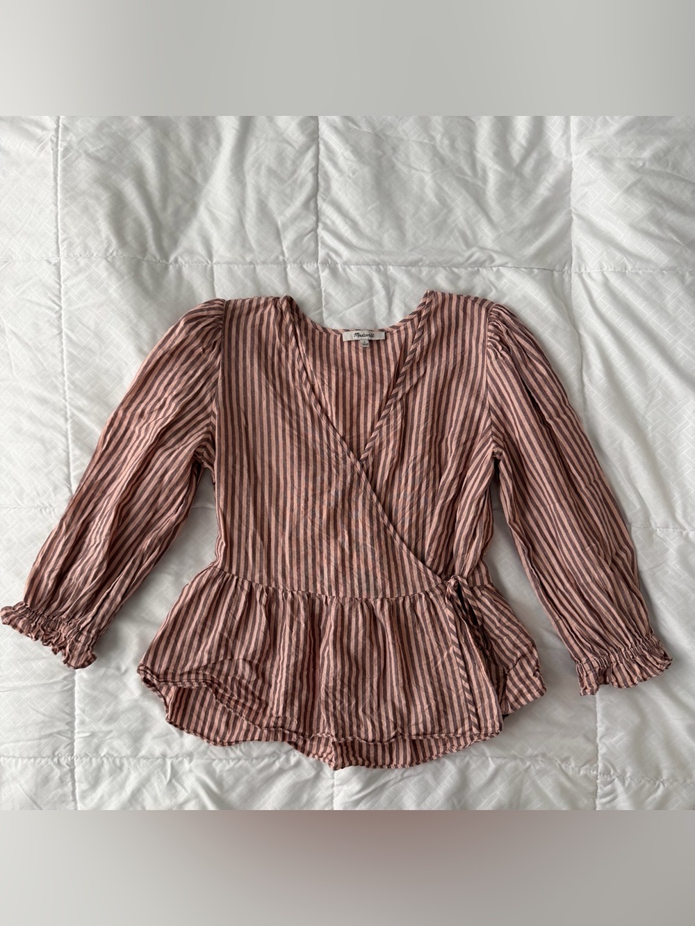 Madewell Puff Sleeve Peplum Wrap Top S Pink Stripes Cotton Preppy Peasant Boho